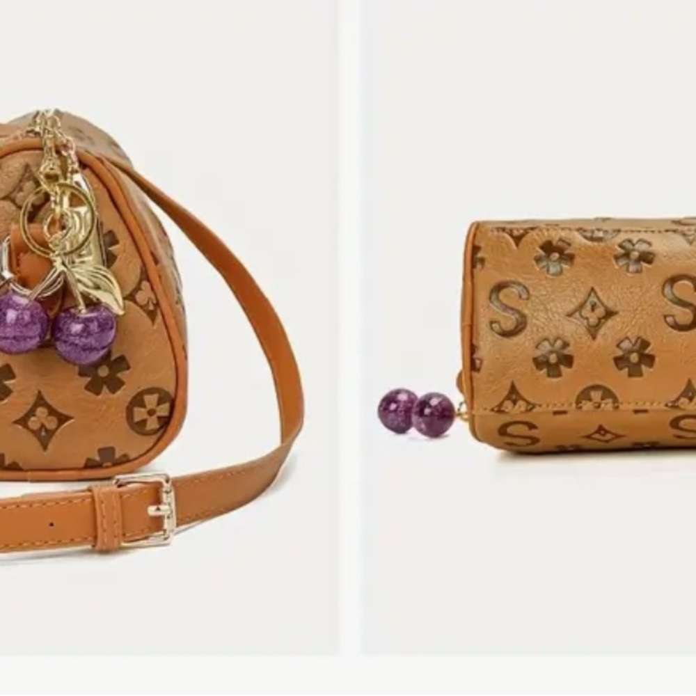 Carmel Monogram Barrel Crossbody Bag Purple Cherry Charm NIP - Picture 14 of 14